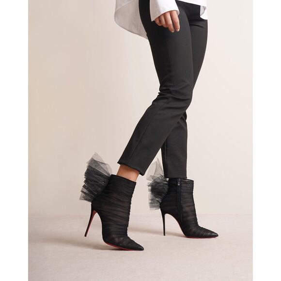 Christian Louboutin Libellibooty 100 Black Mesh Tulle Ankle Boot Heel Pump 37.5 - Picture 2 of 11